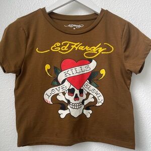 Ed Hardy Graphic Crop Tee Skull Brown Love Kills Slowly